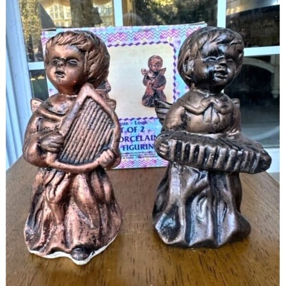 VTG Porcelain Angel Figurines Set of 2 Antique Look Bronze Finish Midwestern Hom - Picture 2 of 12